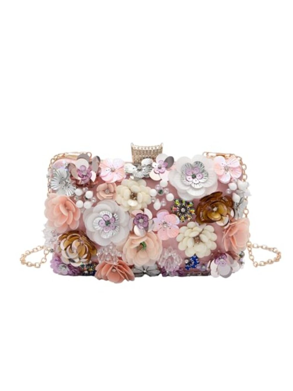 Beaded Sequin Floral Clutch Evening Bag with Chain Strap